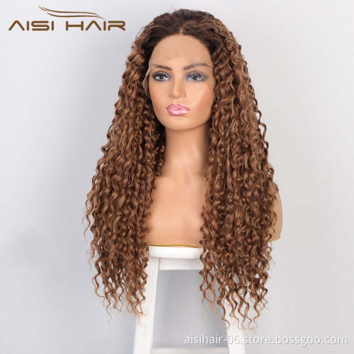 Aisi Hair 24 Inch Long Wavy Ombre Brown Wig Afro Kinky Curly Swiss Lace Wig Curly Wave Lace Frontal Hair Wigs For Black Women